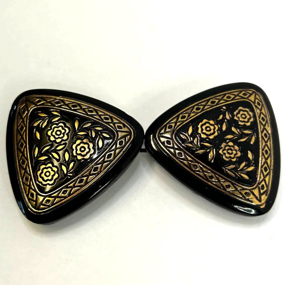 Antique Black‎ Glass with Gold Floral Design Buckle Made in Czechoslovakia